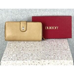 Buxton Womens OS Leather Wallet Gold Zip Around Cowhide Luxe Mob Wife Glam